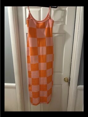 Pink and orange Checkered Knit MIDI slip Dress Adjustable Stretchy M